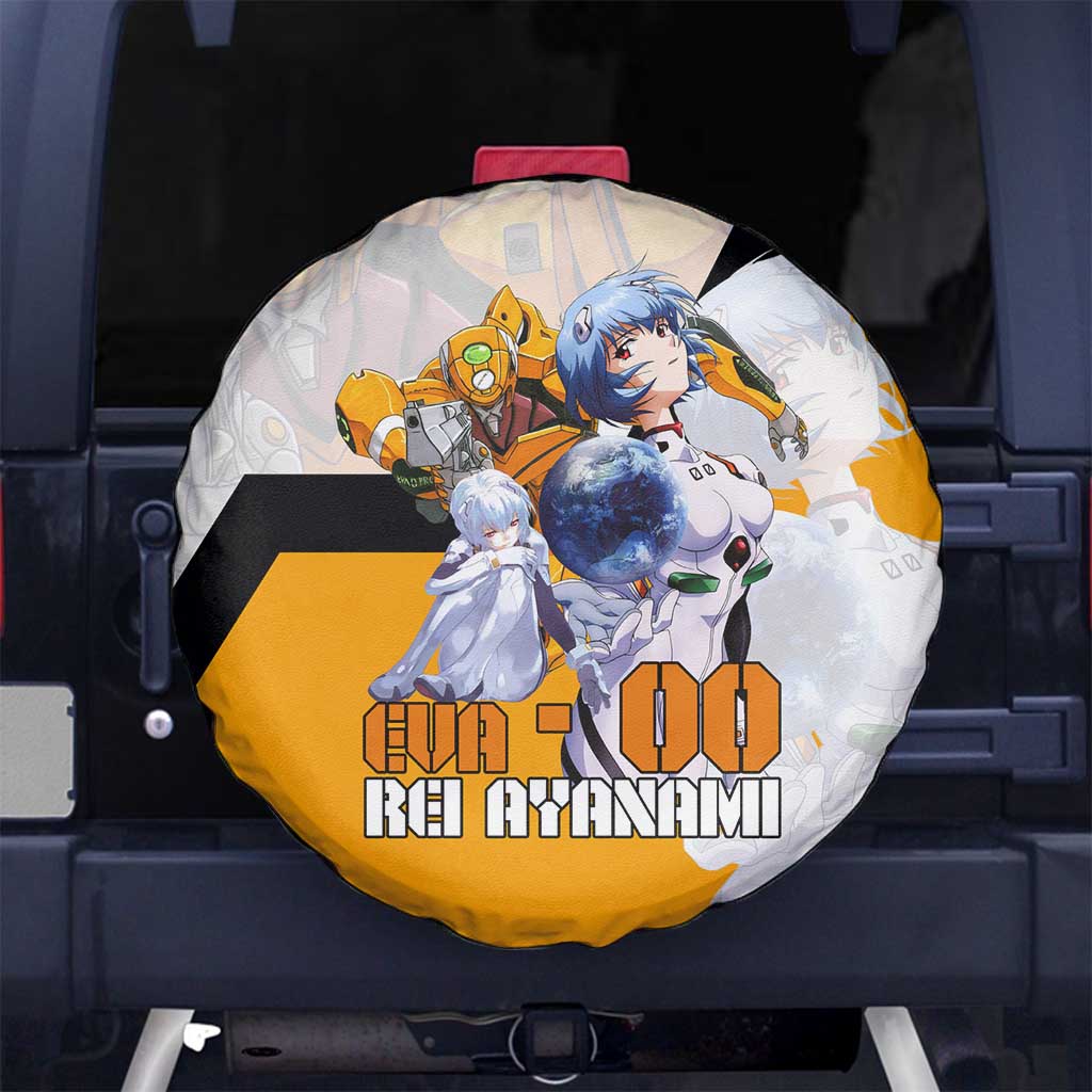 Evangelion EVA-00 and Rei Ayanami Yellow and White Spare Tire Cover Design with Mecha and Character Artwork - The Mazicc