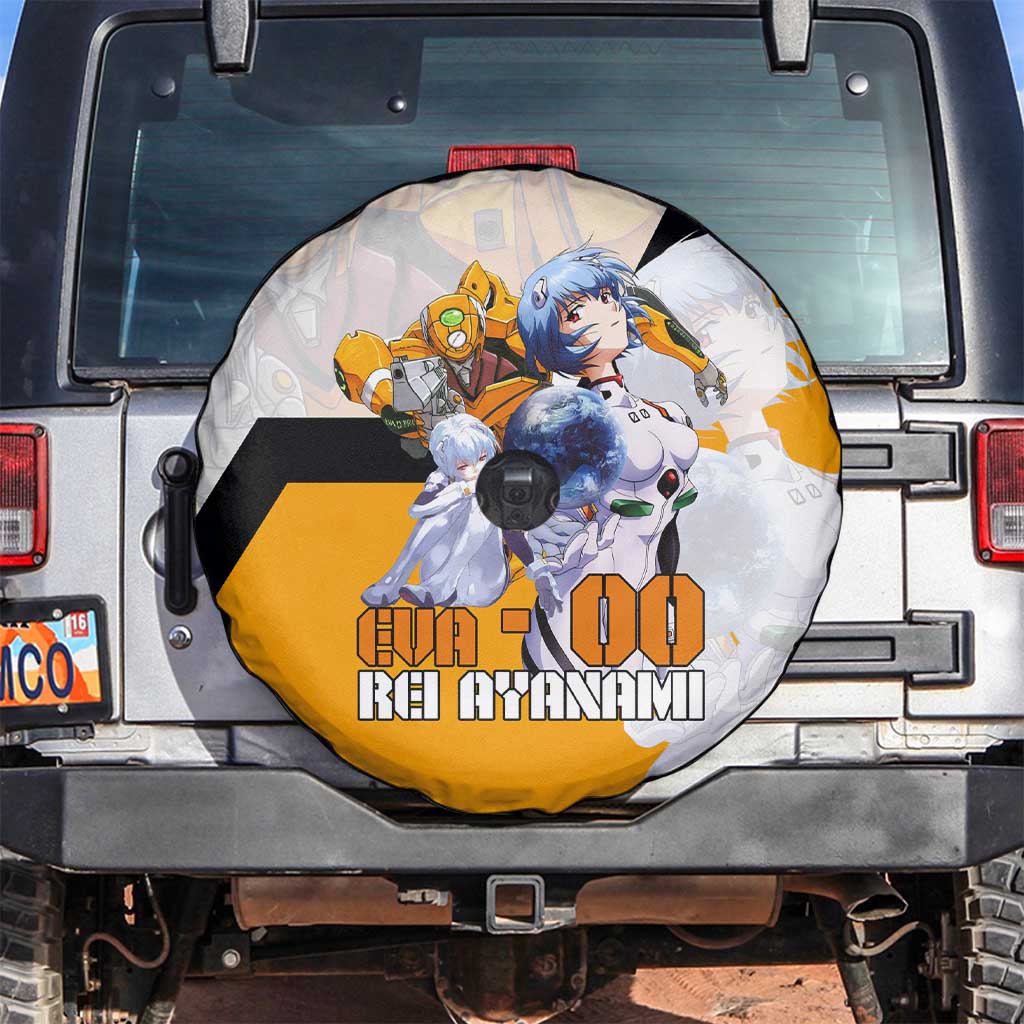 Evangelion EVA-00 and Rei Ayanami Yellow and White Spare Tire Cover Design with Mecha and Character Artwork - The Mazicc