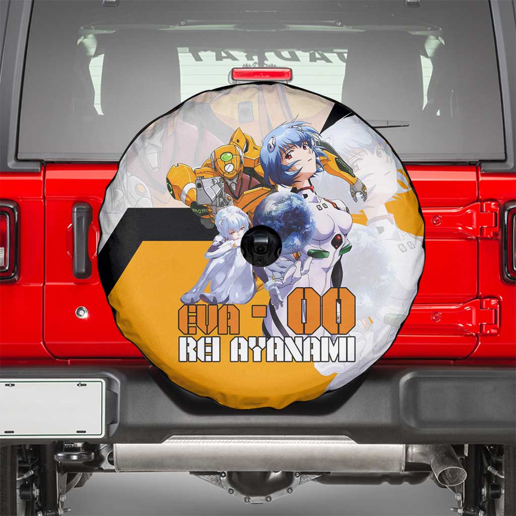 Evangelion EVA-00 and Rei Ayanami Yellow and White Spare Tire Cover Design with Mecha and Character Artwork - The Mazicc