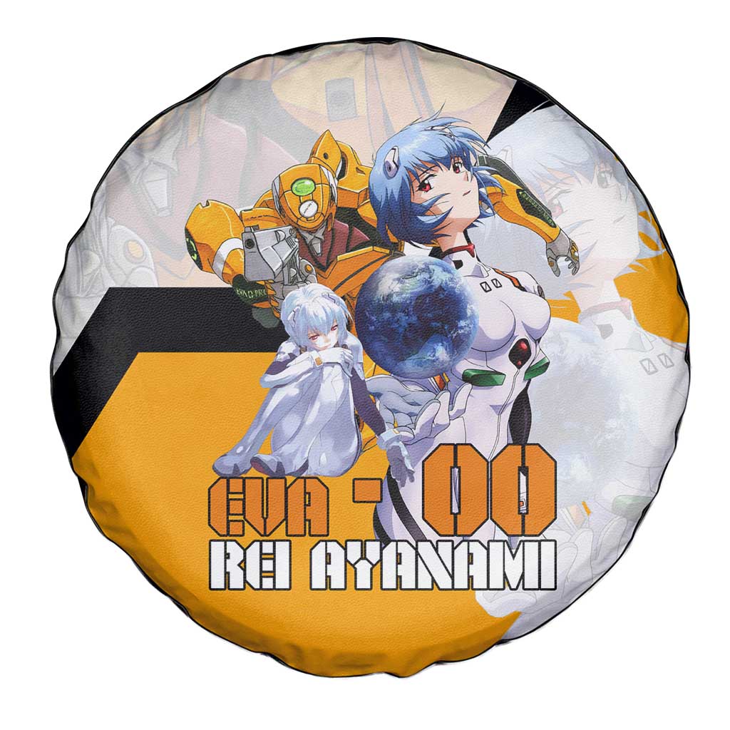 Evangelion EVA-00 and Rei Ayanami Yellow and White Spare Tire Cover Design with Mecha and Character Artwork - The Mazicc