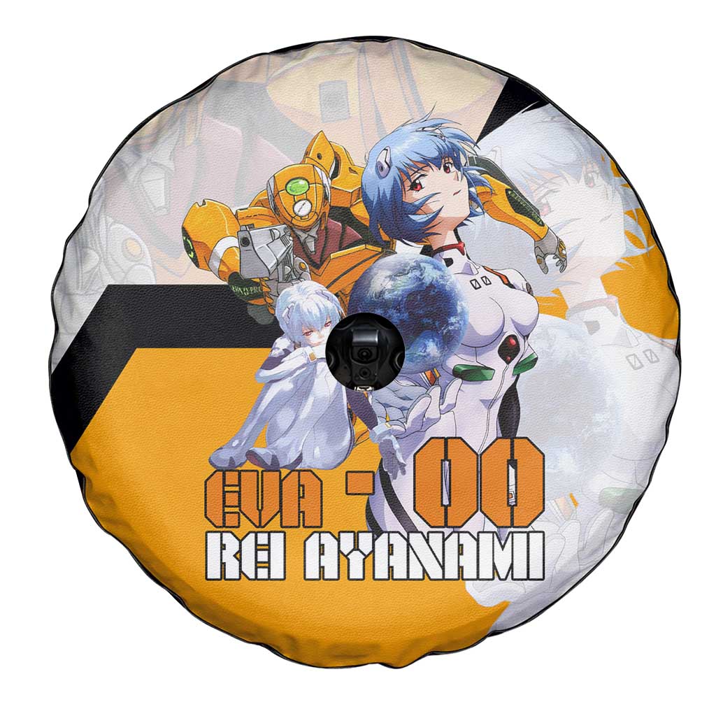 Evangelion EVA-00 and Rei Ayanami Yellow and White Spare Tire Cover Design with Mecha and Character Artwork - The Mazicc