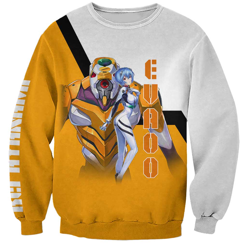 Evangelion EVA-00 and Rei Ayanami Yellow and White Sweatshirt Design with Mecha and Character Artwork - The Mazicc