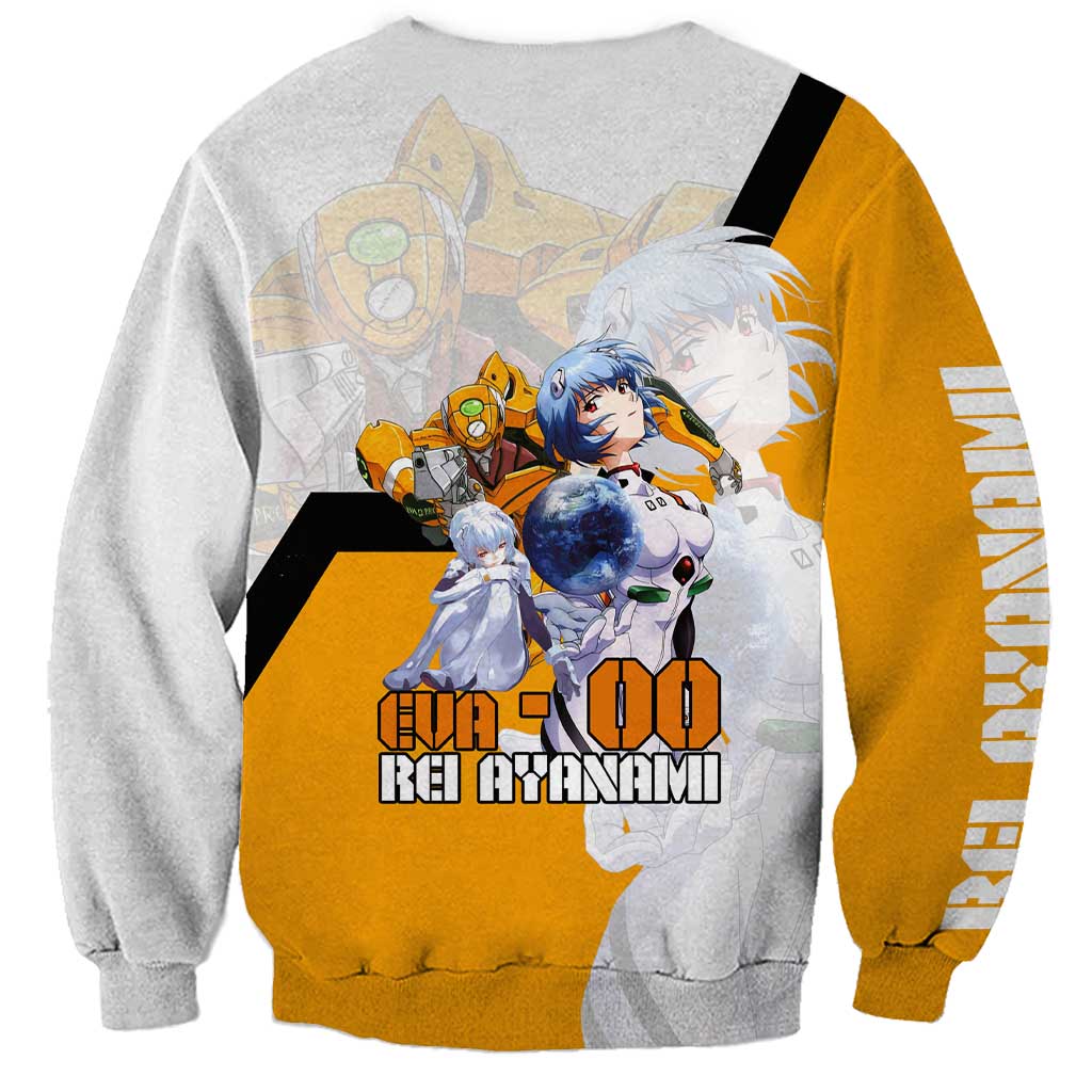 Evangelion EVA-00 and Rei Ayanami Yellow and White Sweatshirt Design with Mecha and Character Artwork - The Mazicc