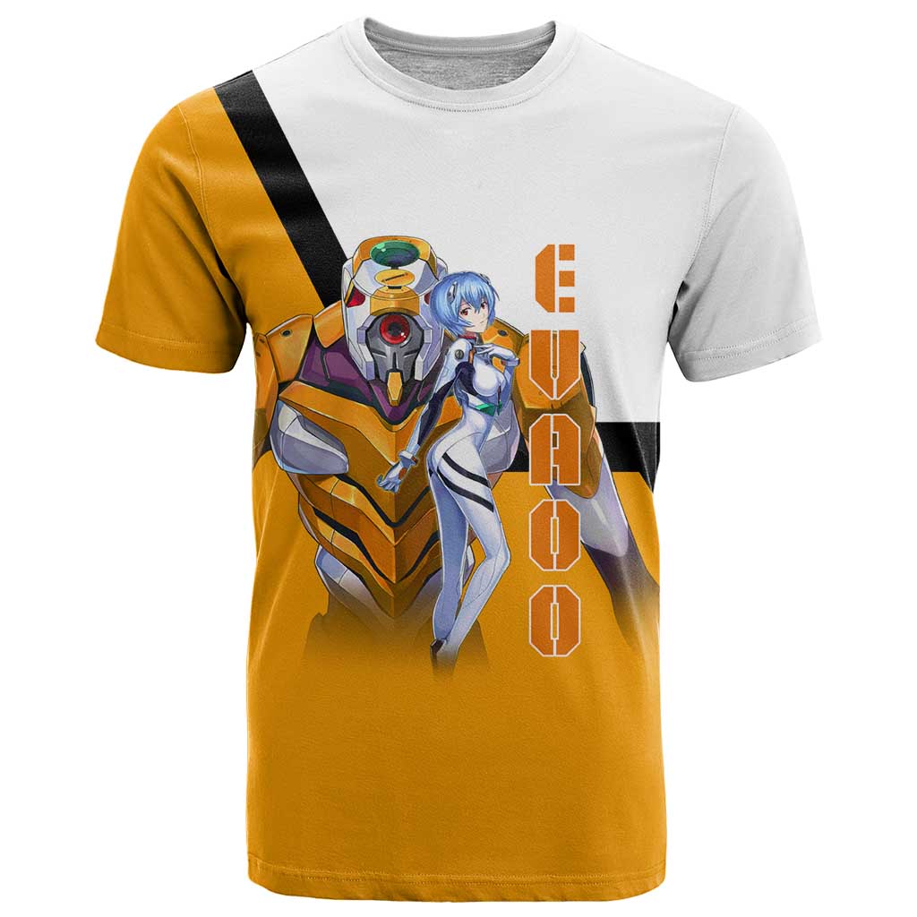 Evangelion EVA-00 and Rei Ayanami Yellow and White T Shirt Design with Mecha and Character Artwork - The Mazicc