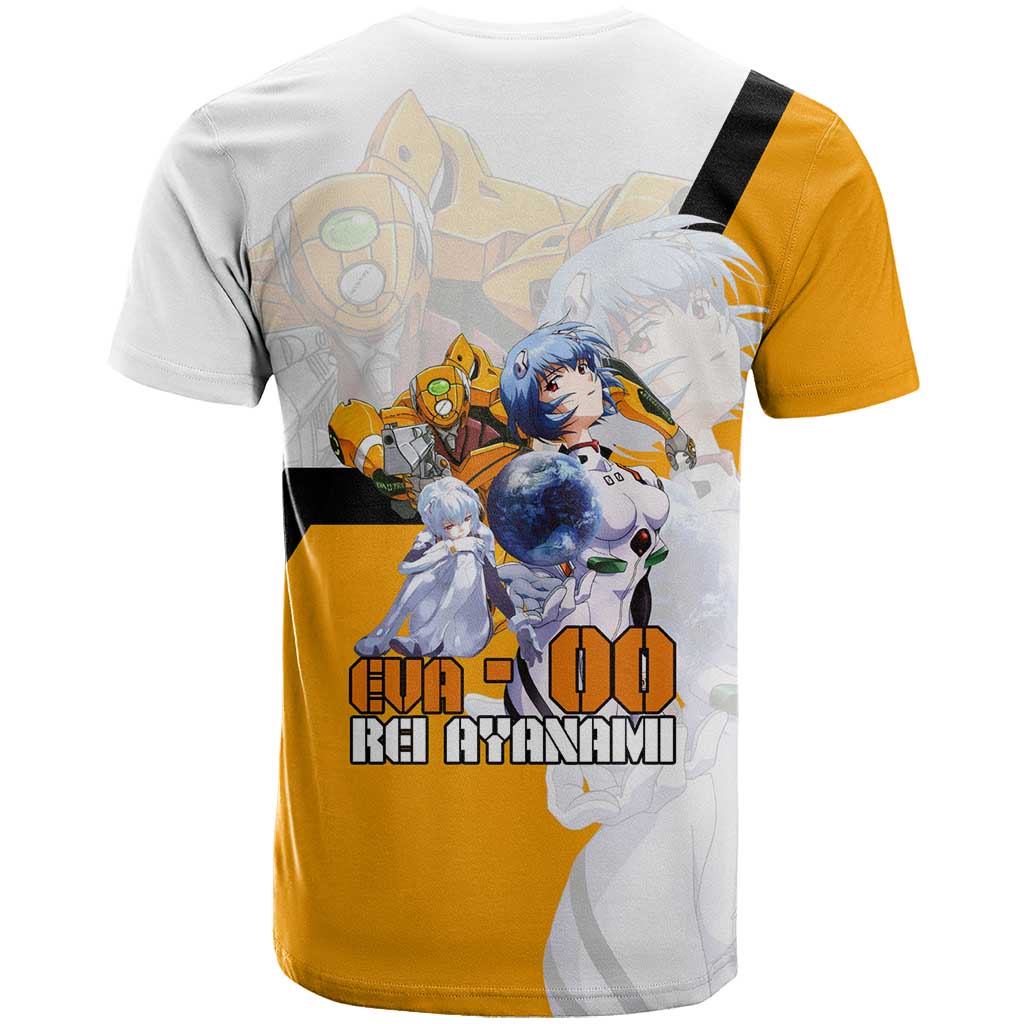 Evangelion EVA-00 and Rei Ayanami Yellow and White T Shirt Design with Mecha and Character Artwork - The Mazicc