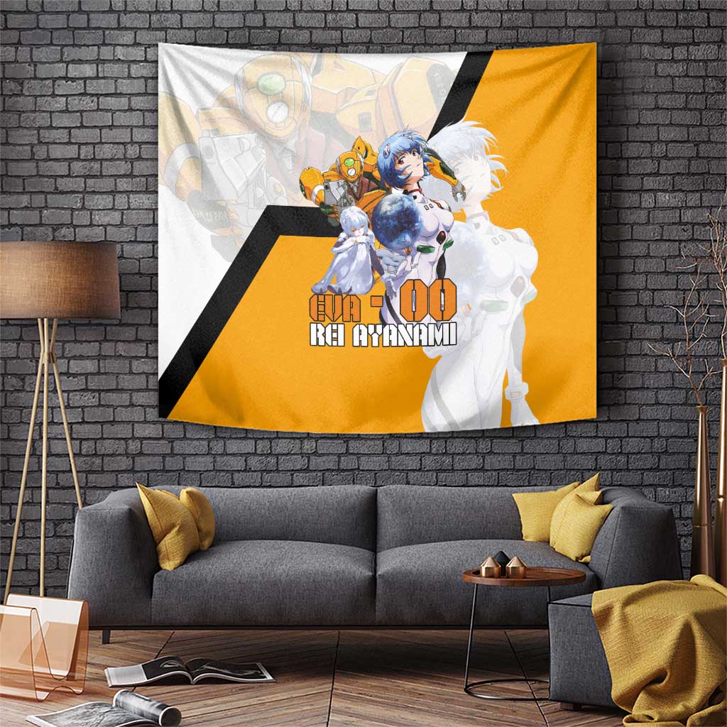 Evangelion EVA-00 and Rei Ayanami Yellow and White Tapestry Design with Mecha and Character Artwork - The Mazicc
