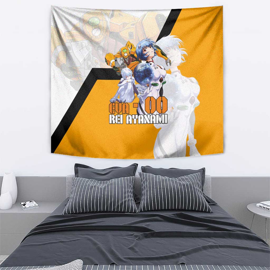 Evangelion EVA-00 and Rei Ayanami Yellow and White Tapestry Design with Mecha and Character Artwork - The Mazicc