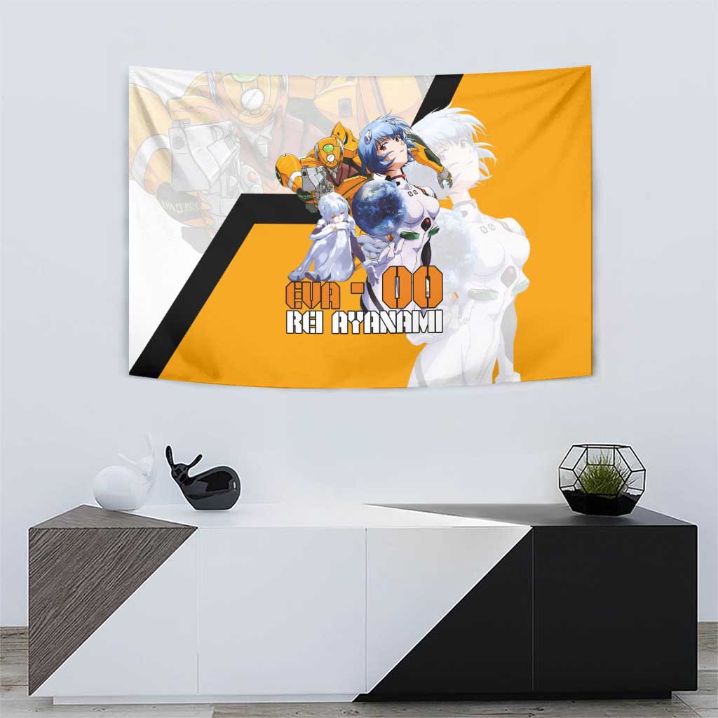 Evangelion EVA-00 and Rei Ayanami Yellow and White Tapestry Design with Mecha and Character Artwork - The Mazicc