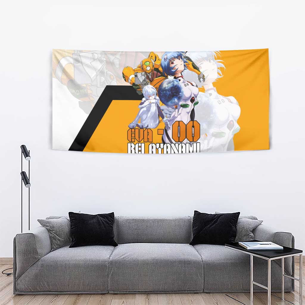 Evangelion EVA-00 and Rei Ayanami Yellow and White Tapestry Design with Mecha and Character Artwork - The Mazicc