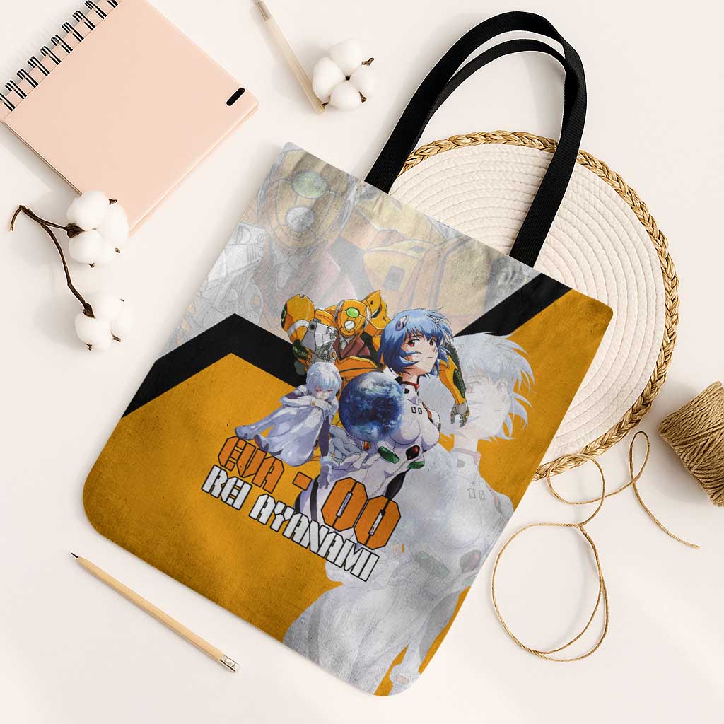 Evangelion EVA-00 and Rei Ayanami Yellow and White Tote Bag Design with Mecha and Character Artwork - The Mazicc