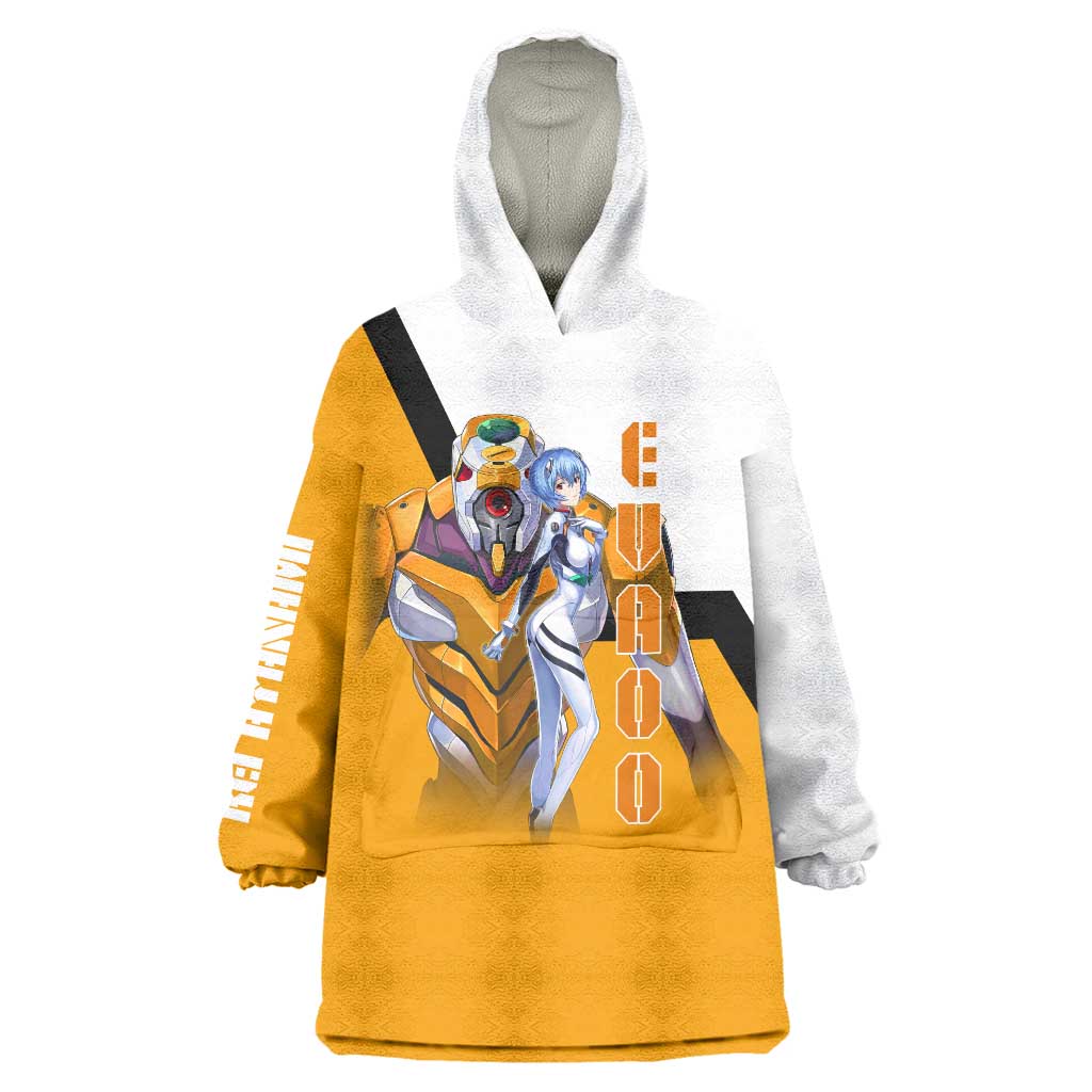 Evangelion EVA-00 and Rei Ayanami Yellow and White Wearable Blanket Hoodie Design with Mecha and Character Artwork - The Mazicc