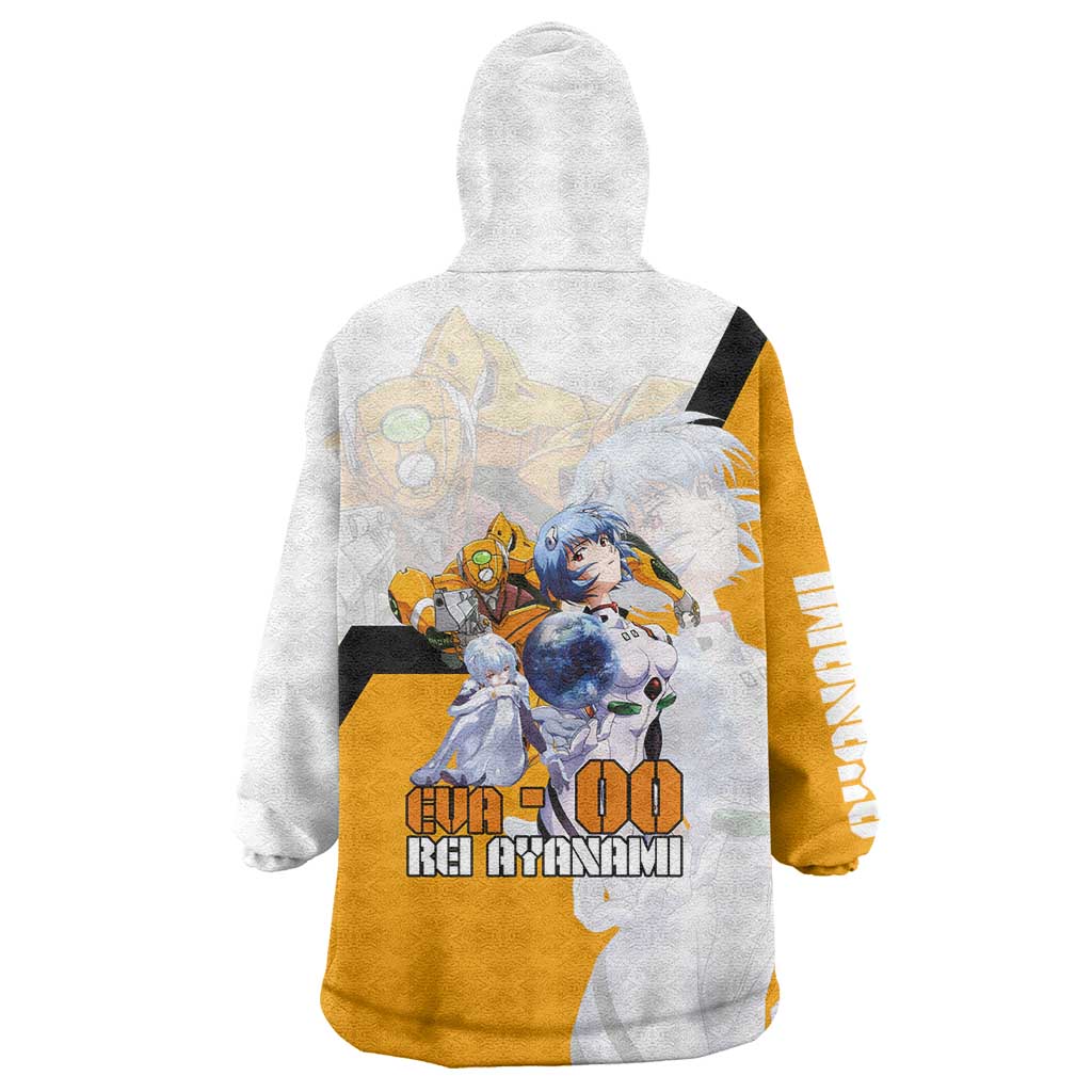 Evangelion EVA-00 and Rei Ayanami Yellow and White Wearable Blanket Hoodie Design with Mecha and Character Artwork - The Mazicc