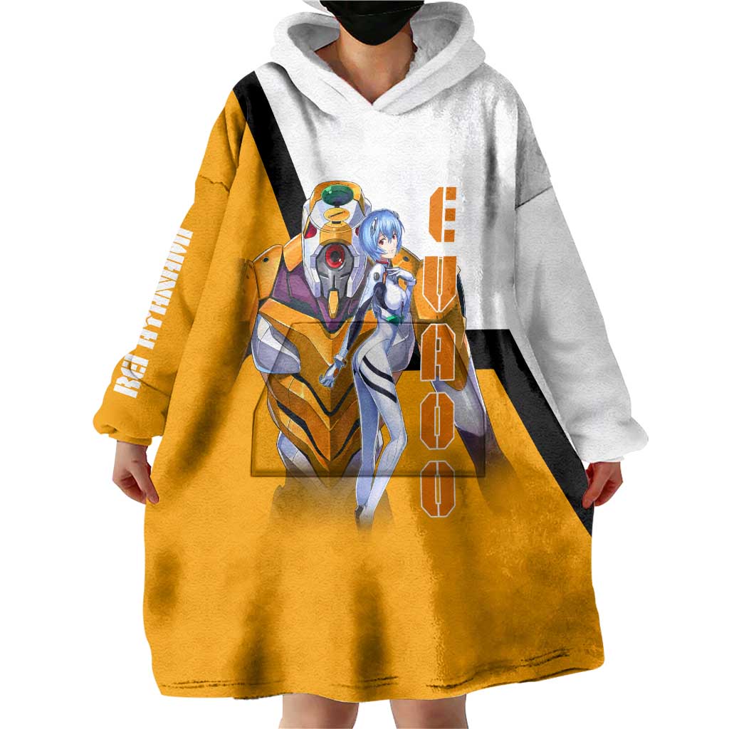Evangelion EVA-00 and Rei Ayanami Yellow and White Wearable Blanket Hoodie Design with Mecha and Character Artwork - The Mazicc