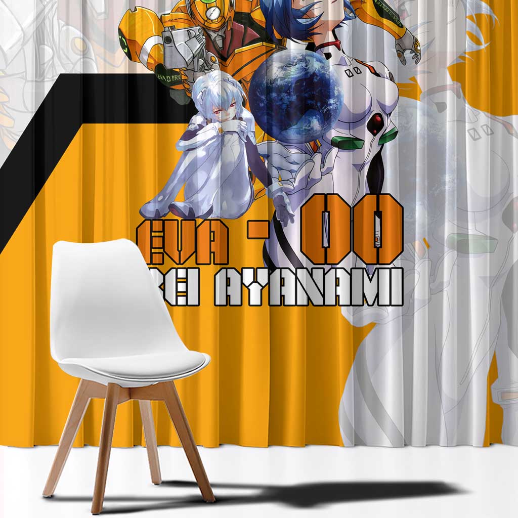 Evangelion EVA-00 and Rei Ayanami Yellow and White Window Curtain Design with Mecha and Character Artwork - The Mazicc