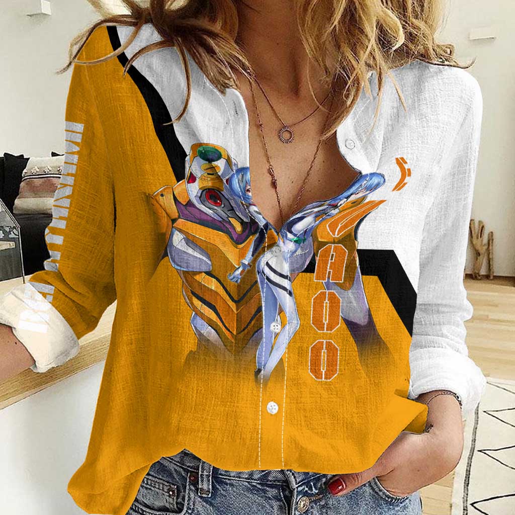 Evangelion EVA-00 and Rei Ayanami Yellow and White Women Casual Shirt Design with Mecha and Character Artwork - The Mazicc