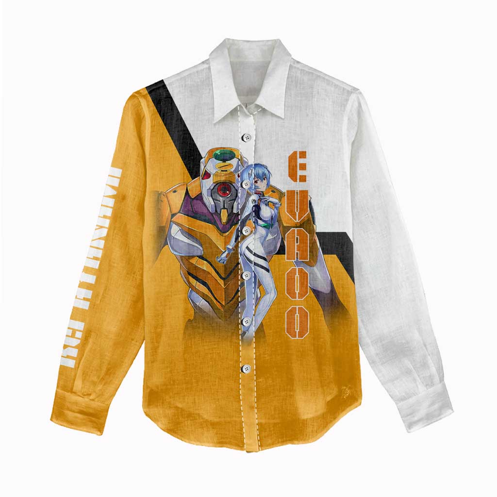 Evangelion EVA-00 and Rei Ayanami Yellow and White Women Casual Shirt Design with Mecha and Character Artwork - The Mazicc