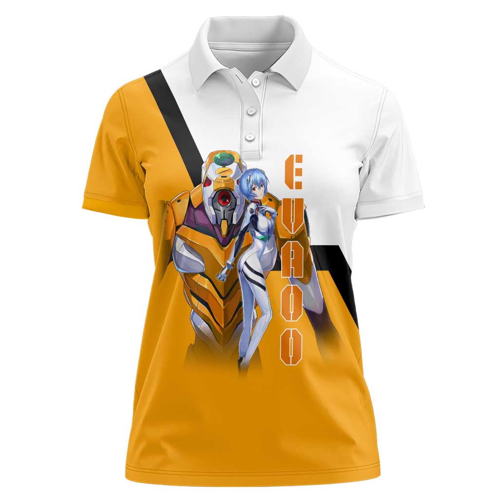 Evangelion EVA-00 and Rei Ayanami Yellow and White Women Polo Shirt Design with Mecha and Character Artwork - The Mazicc
