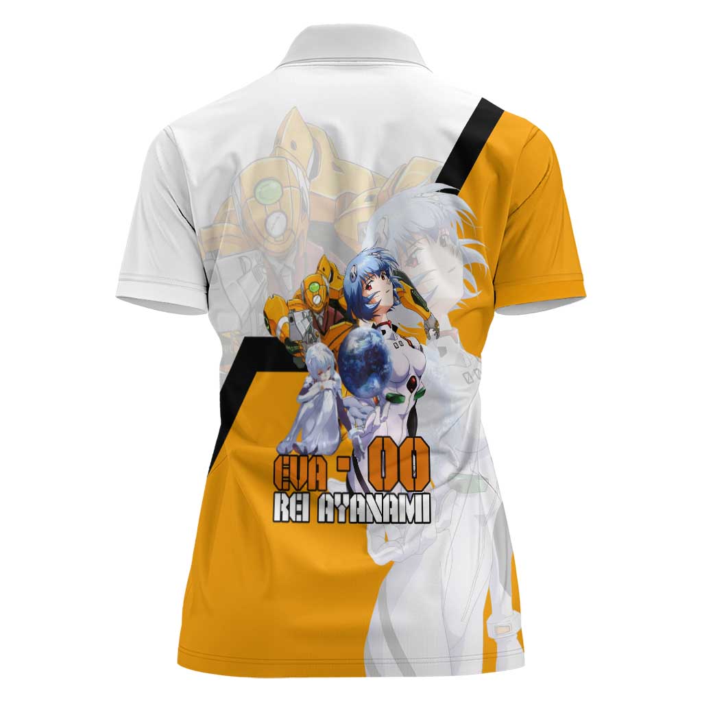 Evangelion EVA-00 and Rei Ayanami Yellow and White Women Polo Shirt Design with Mecha and Character Artwork - The Mazicc