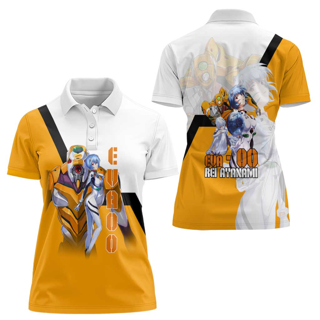 Evangelion EVA-00 and Rei Ayanami Yellow and White Women Polo Shirt Design with Mecha and Character Artwork - The Mazicc