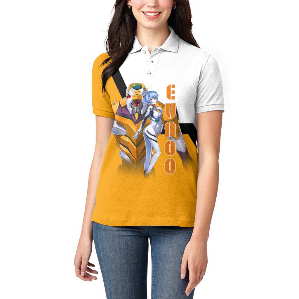 Evangelion EVA-00 and Rei Ayanami Yellow and White Women Polo Shirt Design with Mecha and Character Artwork - The Mazicc