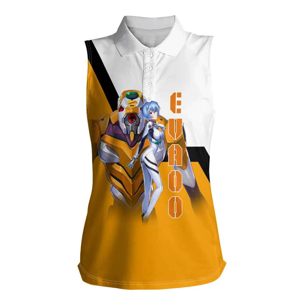 Evangelion EVA-00 and Rei Ayanami Yellow and White Women Sleeveless Polo Shirt Design with Mecha and Character Artwork - The Mazicc