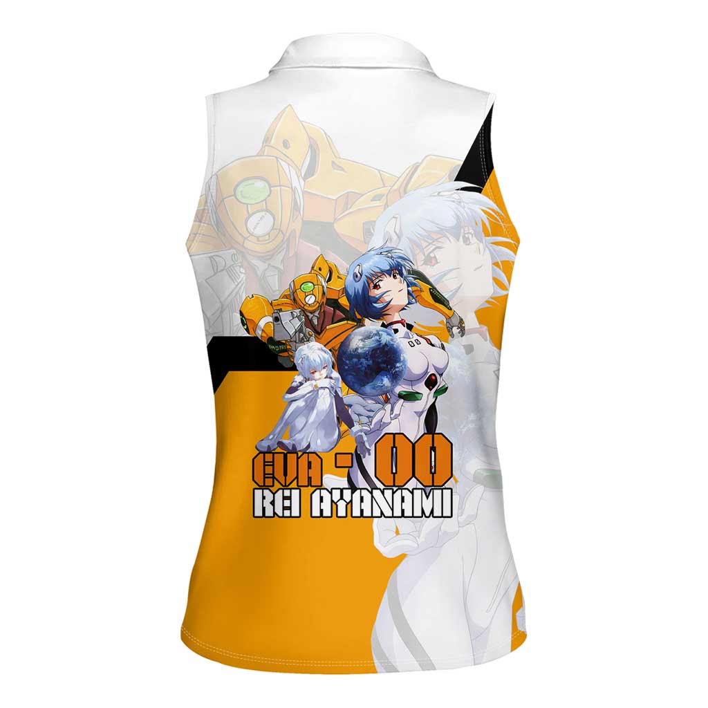 Evangelion EVA-00 and Rei Ayanami Yellow and White Women Sleeveless Polo Shirt Design with Mecha and Character Artwork - The Mazicc