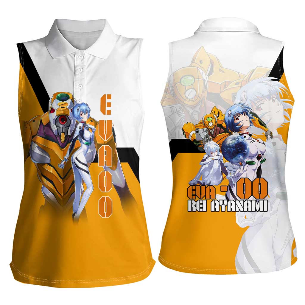 Evangelion EVA-00 and Rei Ayanami Yellow and White Women Sleeveless Polo Shirt Design with Mecha and Character Artwork - The Mazicc