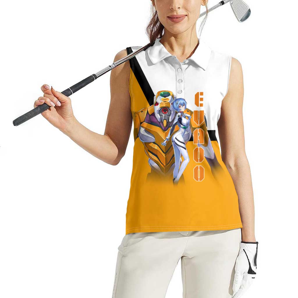 Evangelion EVA-00 and Rei Ayanami Yellow and White Women Sleeveless Polo Shirt Design with Mecha and Character Artwork - The Mazicc