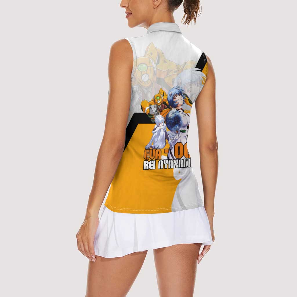 Evangelion EVA-00 and Rei Ayanami Yellow and White Women Sleeveless Polo Shirt Design with Mecha and Character Artwork - The Mazicc