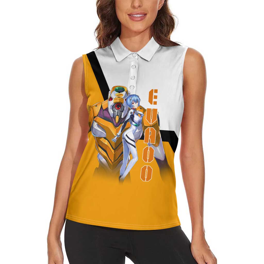 Evangelion EVA-00 and Rei Ayanami Yellow and White Women Sleeveless Polo Shirt Design with Mecha and Character Artwork - The Mazicc
