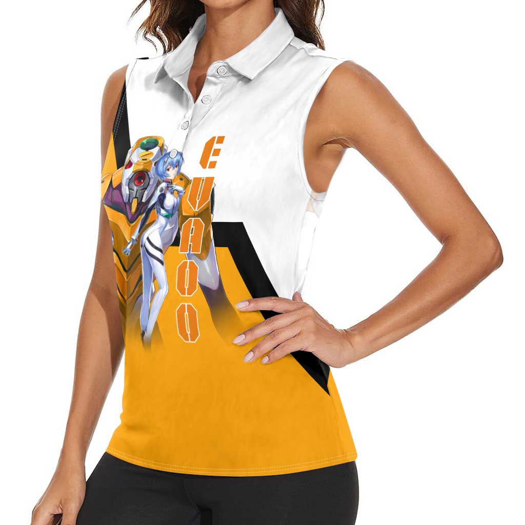 Evangelion EVA-00 and Rei Ayanami Yellow and White Women Sleeveless Polo Shirt Design with Mecha and Character Artwork - The Mazicc
