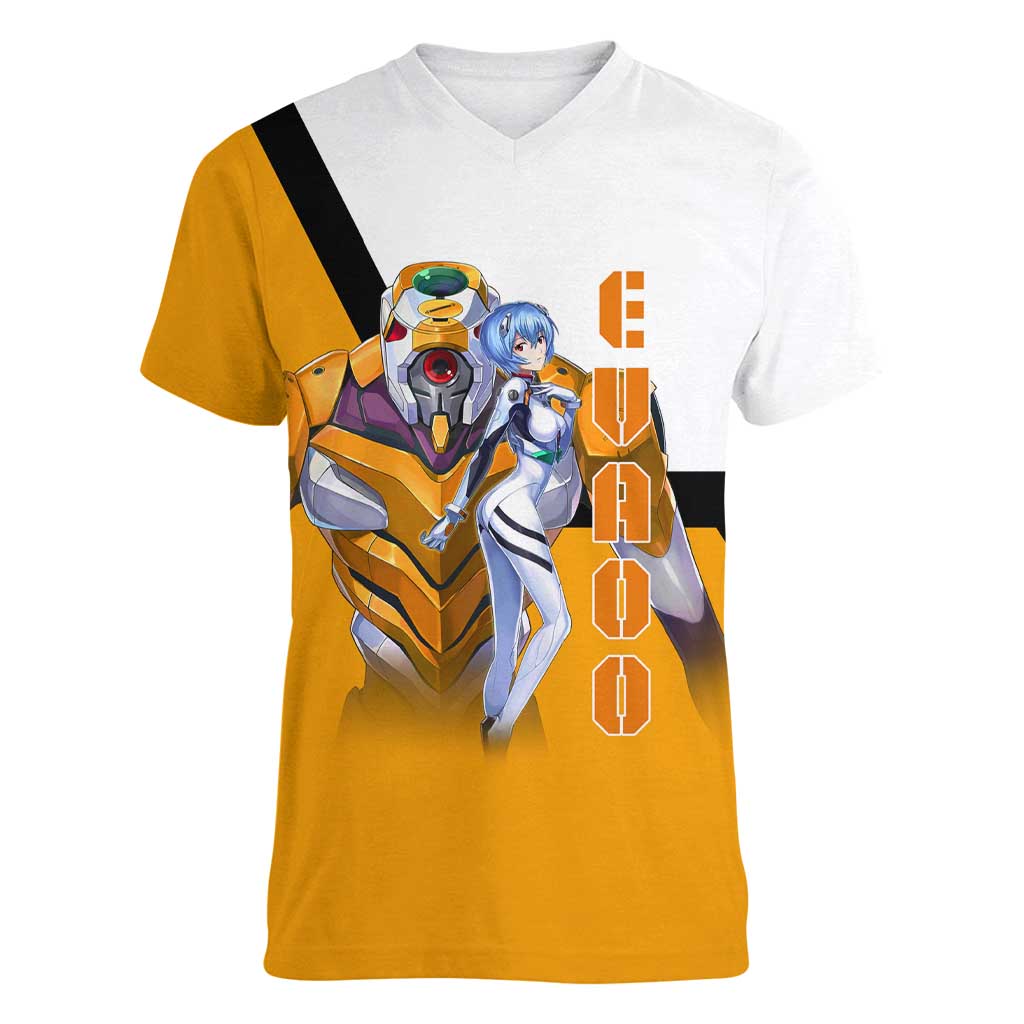 Evangelion EVA-00 and Rei Ayanami Yellow and White Women V-Neck T-Shirt Design with Mecha and Character Artwork - The Mazicc
