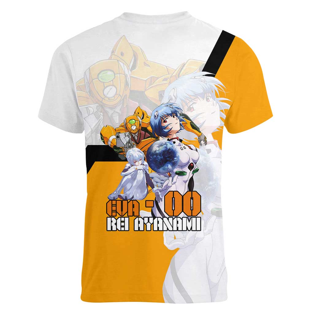 Evangelion EVA-00 and Rei Ayanami Yellow and White Women V-Neck T-Shirt Design with Mecha and Character Artwork - The Mazicc