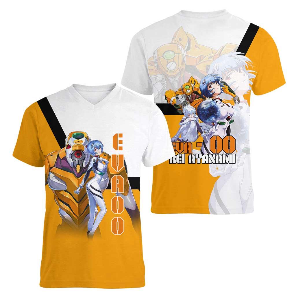 Evangelion EVA-00 and Rei Ayanami Yellow and White Women V-Neck T-Shirt Design with Mecha and Character Artwork - The Mazicc