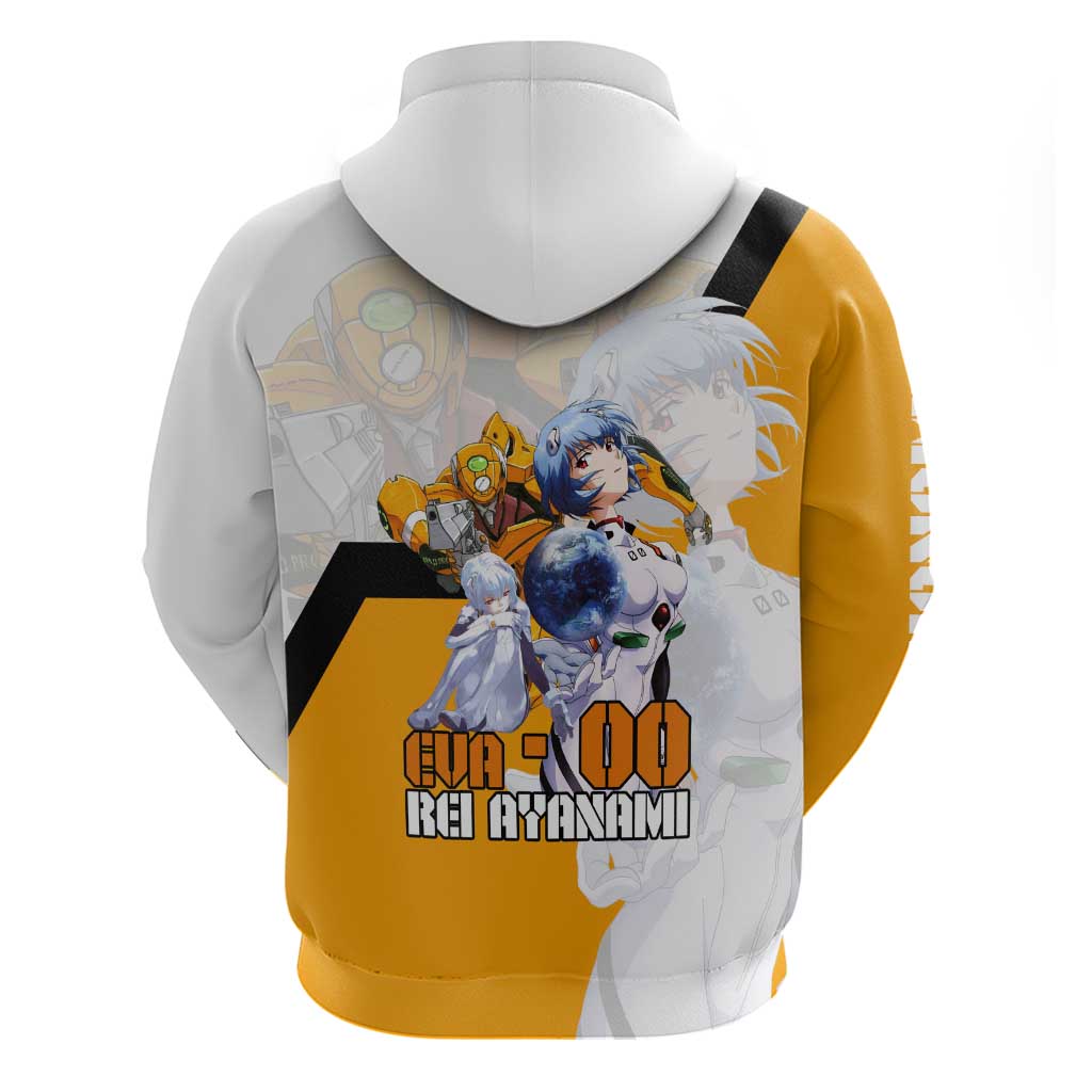 Evangelion EVA-00 and Rei Ayanami Yellow and White Zip Hoodie Design with Mecha and Character Artwork - The Mazicc