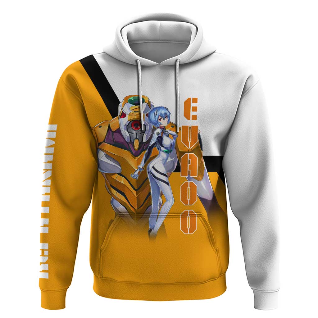 Evangelion EVA-00 and Rei Ayanami Yellow and White Zip Hoodie Design with Mecha and Character Artwork - The Mazicc