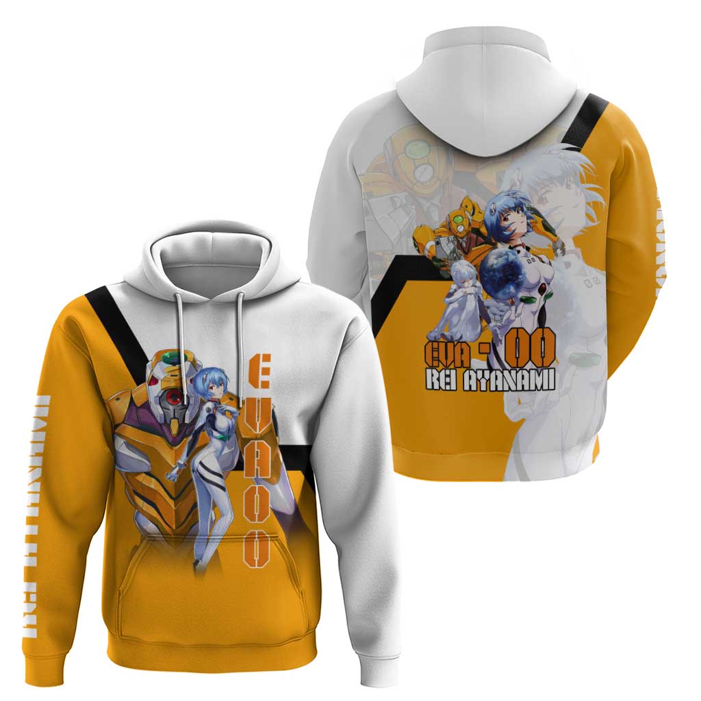 Evangelion EVA-00 and Rei Ayanami Yellow and White Zip Hoodie Design with Mecha and Character Artwork - The Mazicc