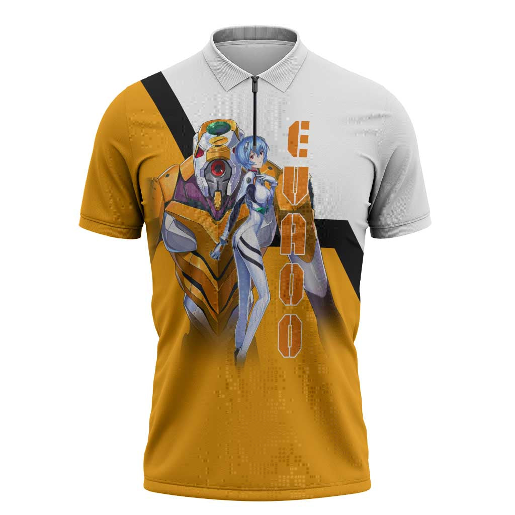 Evangelion EVA-00 and Rei Ayanami Yellow and White Zipper Polo Shirt Design with Mecha and Character Artwork - The Mazicc