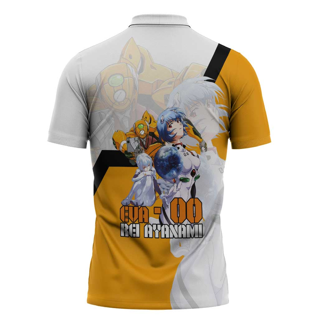 Evangelion EVA-00 and Rei Ayanami Yellow and White Zipper Polo Shirt Design with Mecha and Character Artwork - The Mazicc