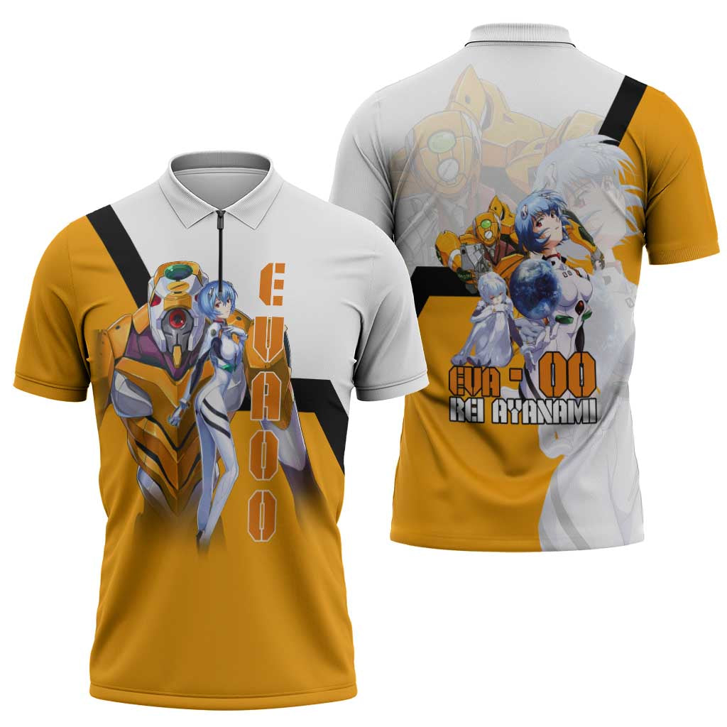 Evangelion EVA-00 and Rei Ayanami Yellow and White Zipper Polo Shirt Design with Mecha and Character Artwork - The Mazicc