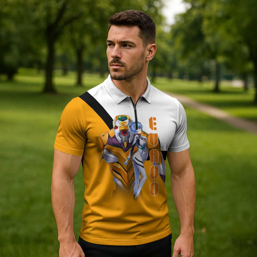 Evangelion EVA-00 and Rei Ayanami Yellow and White Zipper Polo Shirt Design with Mecha and Character Artwork - The Mazicc