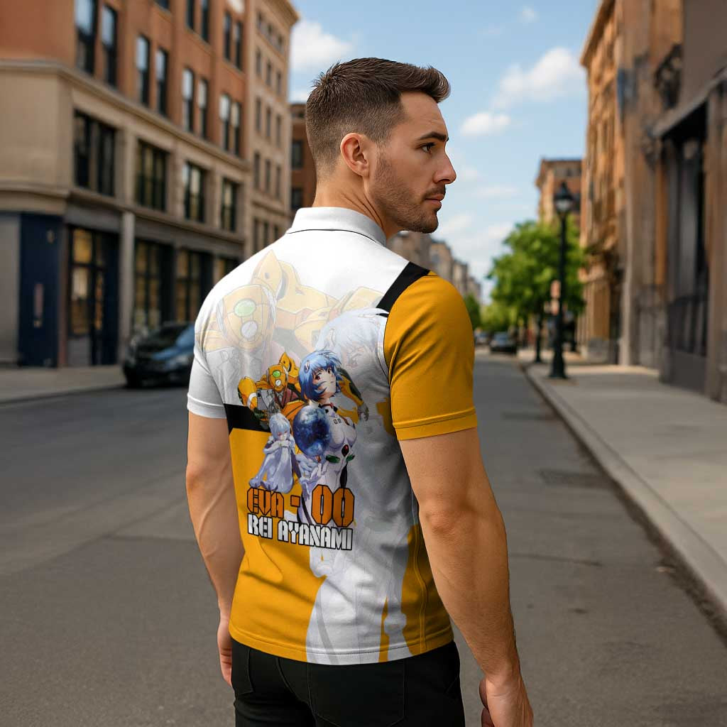 Evangelion EVA-00 and Rei Ayanami Yellow and White Zipper Polo Shirt Design with Mecha and Character Artwork - The Mazicc