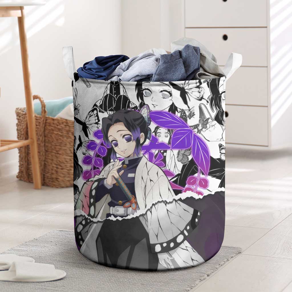 Shinobu Kocho Demon Slayer Butterfly Theme Laundry Basket with Purple Accents and Manga Collage Design - The Mazicc