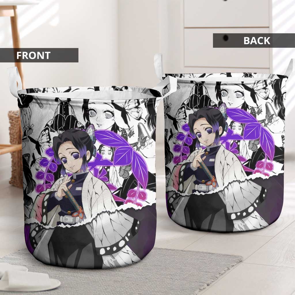 Shinobu Kocho Demon Slayer Butterfly Theme Laundry Basket with Purple Accents and Manga Collage Design - The Mazicc
