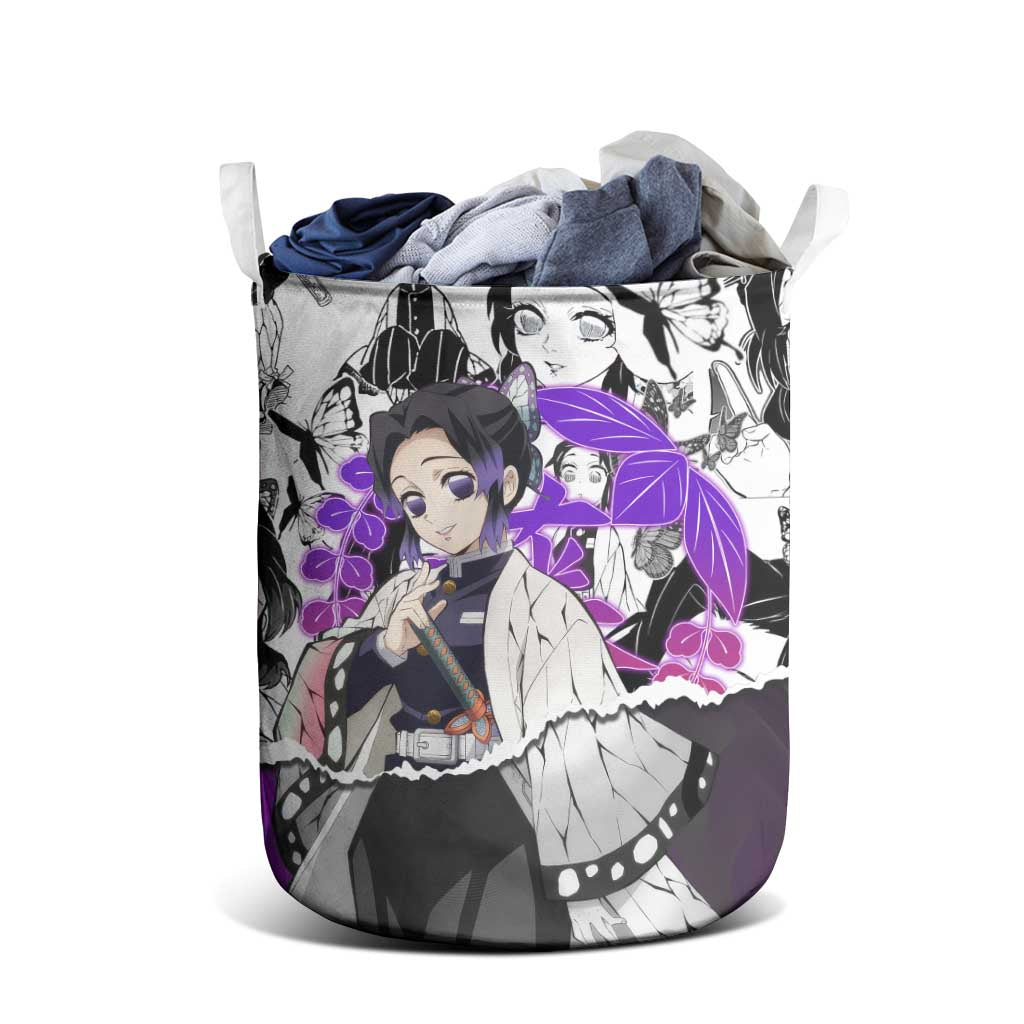 Shinobu Kocho Demon Slayer Butterfly Theme Laundry Basket with Purple Accents and Manga Collage Design - The Mazicc