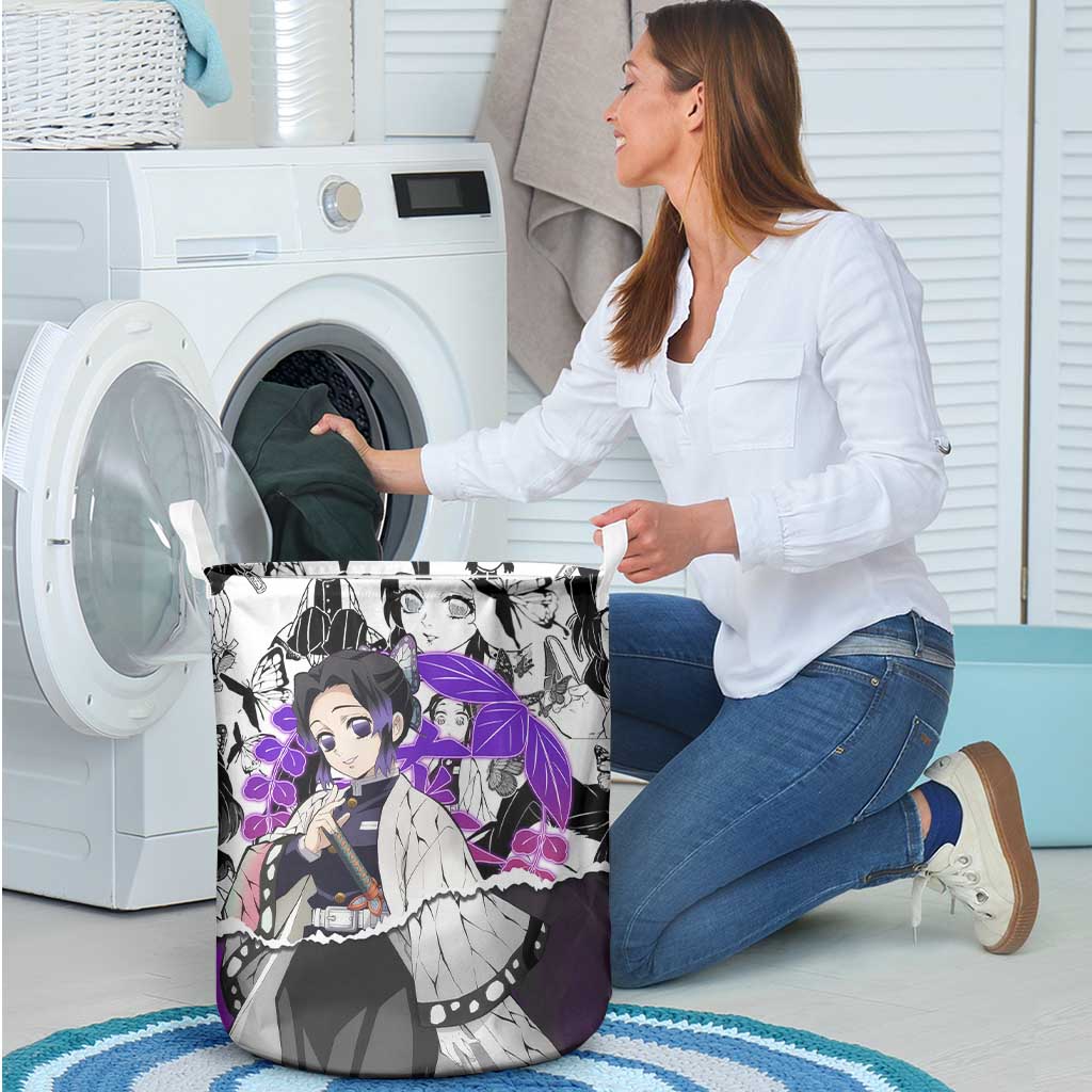 Shinobu Kocho Demon Slayer Butterfly Theme Laundry Basket with Purple Accents and Manga Collage Design - The Mazicc