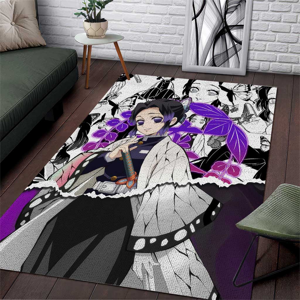 Shinobu Kocho Demon Slayer Butterfly Theme Area Rug with Purple Accents and Manga Collage Design - The Mazicc