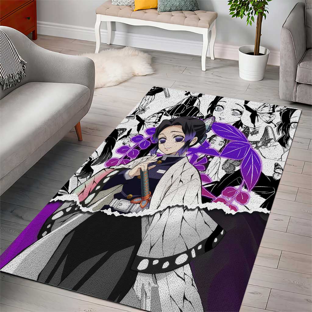 Shinobu Kocho Demon Slayer Butterfly Theme Area Rug with Purple Accents and Manga Collage Design - The Mazicc