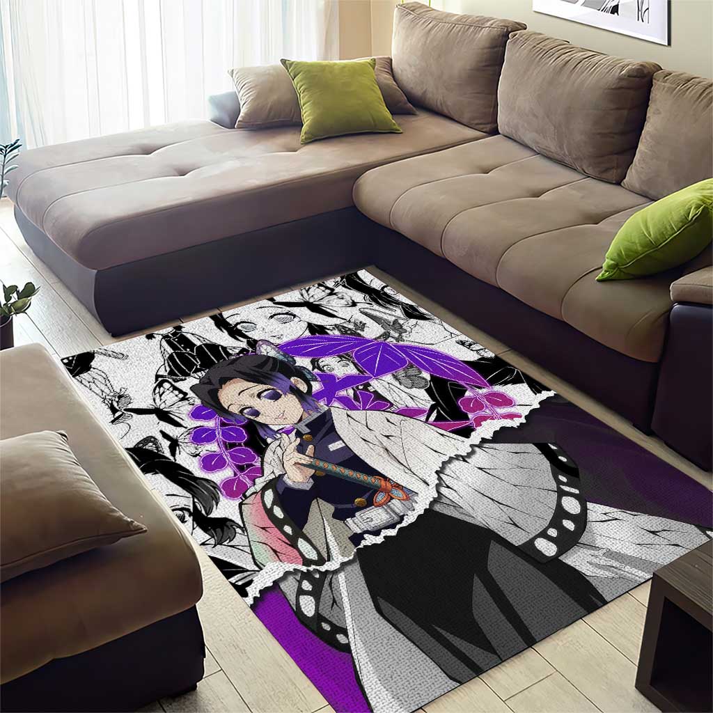 Shinobu Kocho Demon Slayer Butterfly Theme Area Rug with Purple Accents and Manga Collage Design - The Mazicc