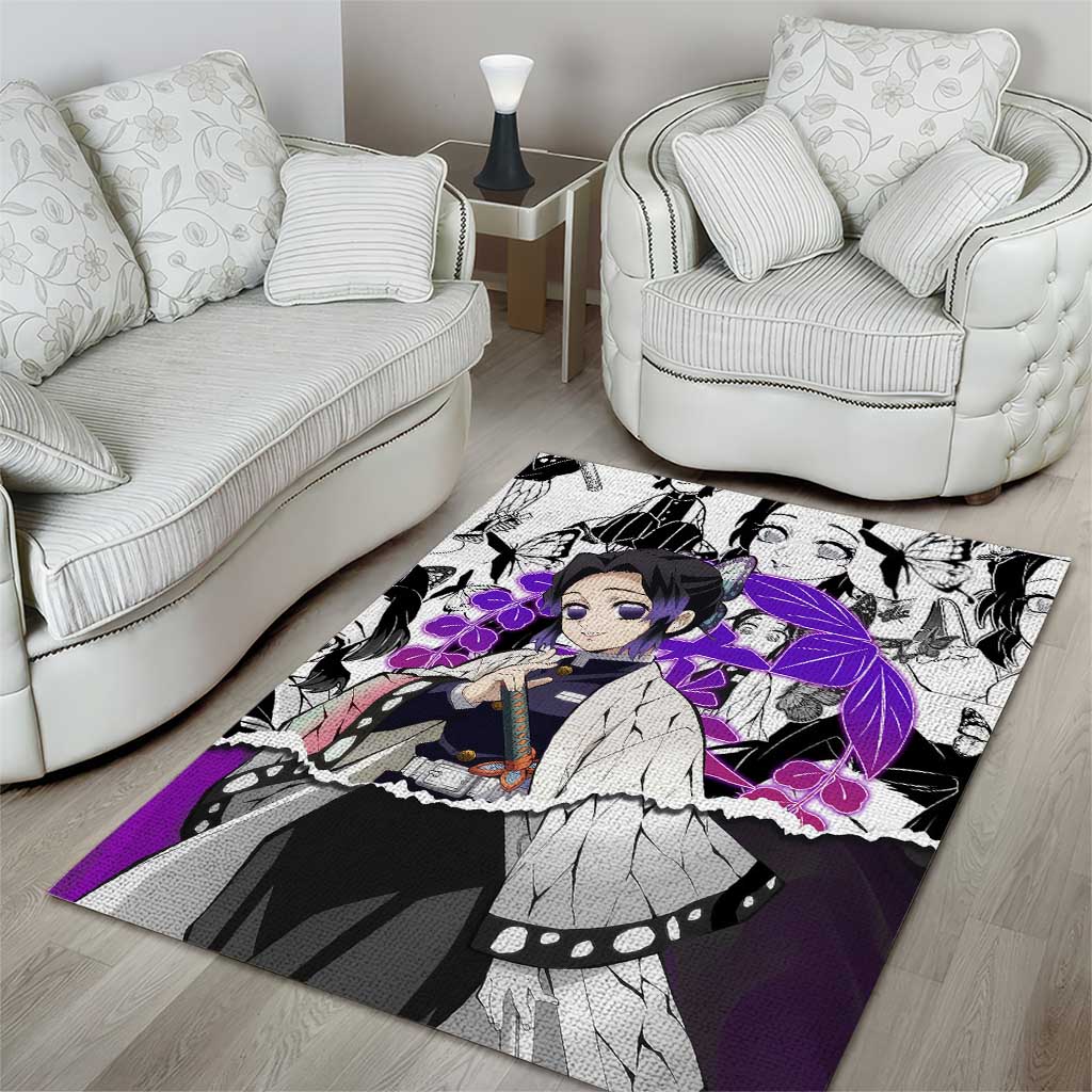 Shinobu Kocho Demon Slayer Butterfly Theme Area Rug with Purple Accents and Manga Collage Design - The Mazicc
